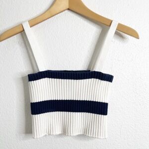 Pinko Womens Ribbed Knit Striped Crop Top Logo Straps Navy White Sleeveless